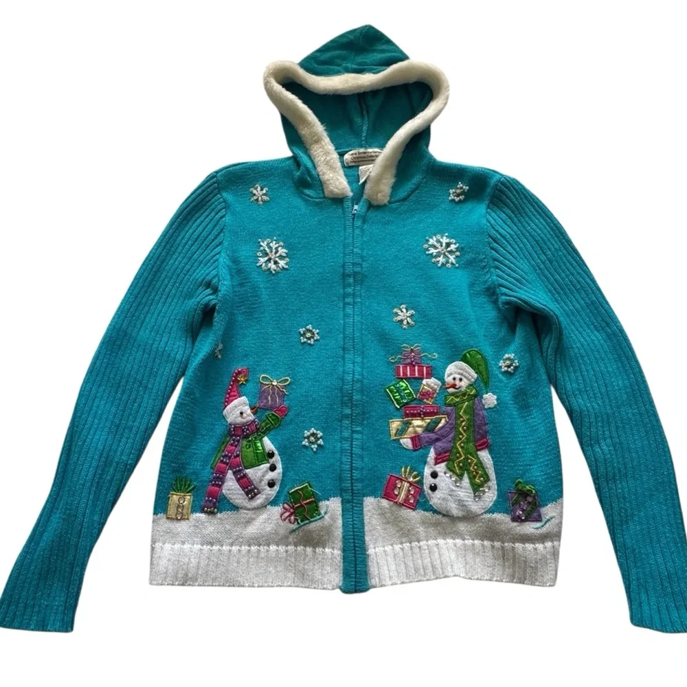 Tiara International Blue Full Zip Hooded Snowman Christmas Cardigan Size Large - Picture 6 of 10